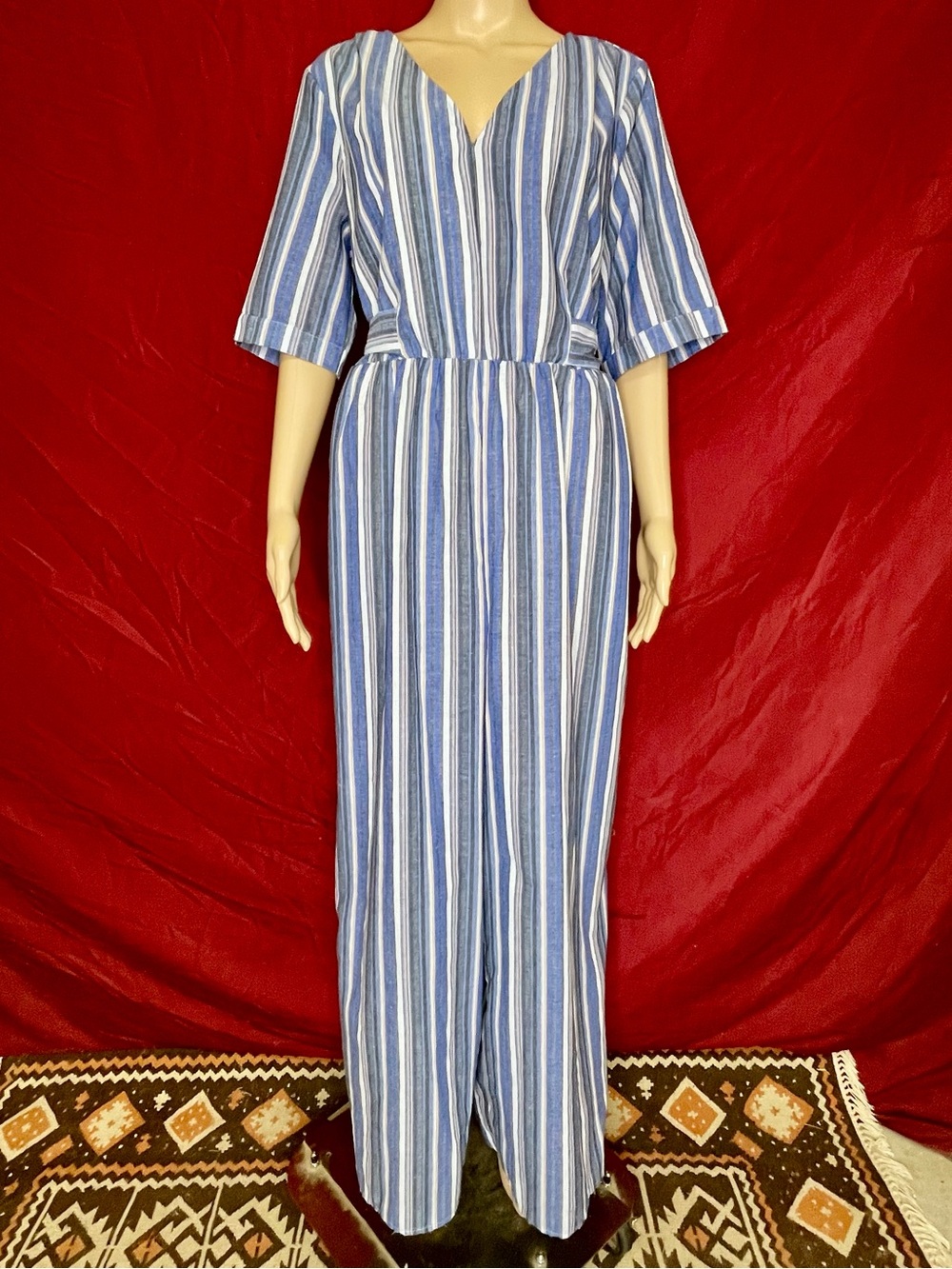 Avenue Blue Striped Tie Waist Linen-Like Cropped Wide Leg Jump Suit size 16 - Picture 1 of 7